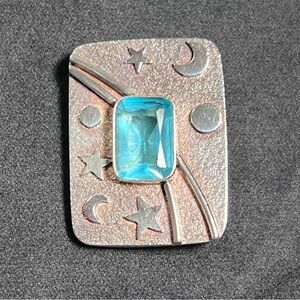 Sterling Silver Blue Quartz Moon‎ Stars Pendant Brooch Mystical Fairy Celestial